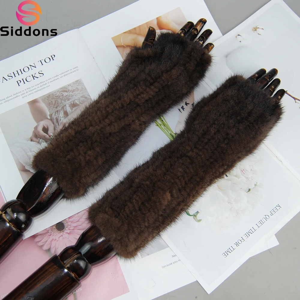 Women Fashion Genuine Glove Knitted Mink Fur Fingerless 30cm Long New Style Winter Mink Fur Gloves Women High Real Fur Gloves