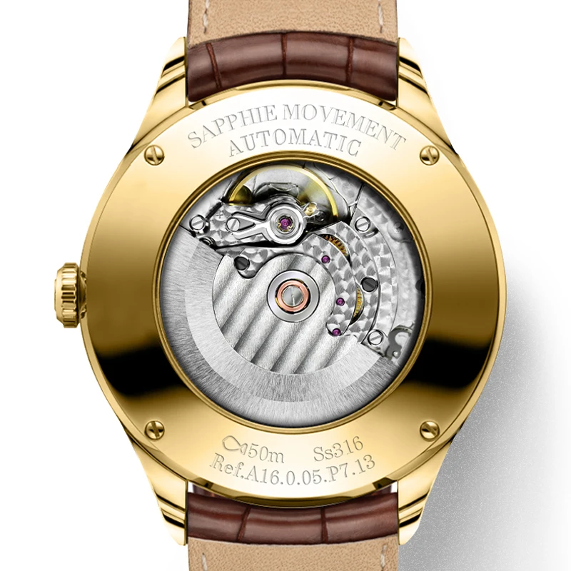 PONIGER Классические мужские механические часы из нержавеющей стали с кожаным