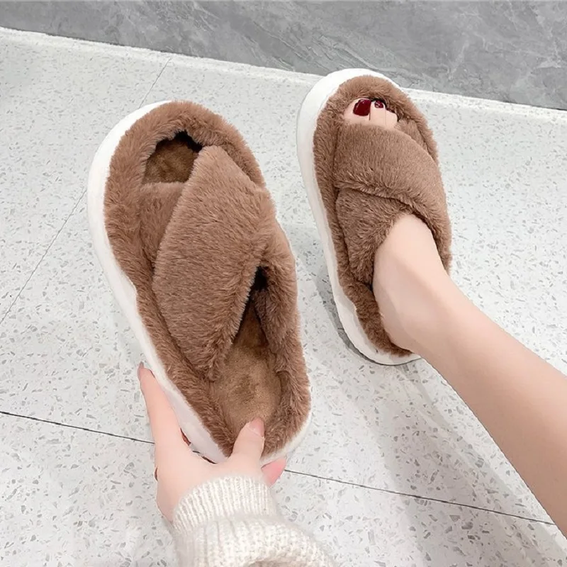 

Winter Fur Slippers Women 2022 New Warm Home Slippers Cozy Indoor House Slippers Brown Black White Flip Flops Big Size 36-43