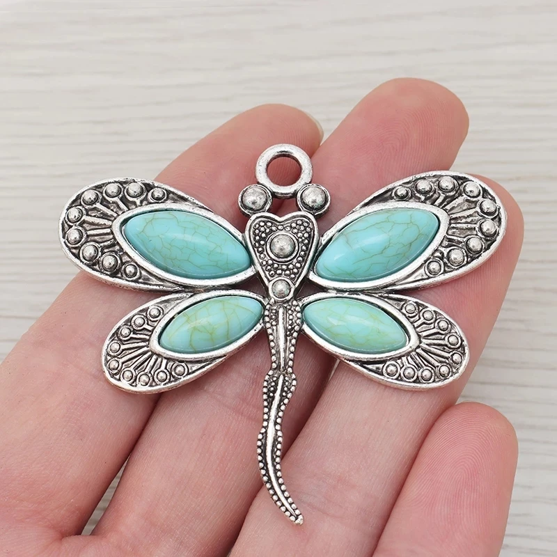 

3 x Tibetan Silver Large Dragonfly & Faux Stone Charms Pendants for Necklace Jewelry Making 60x53mm