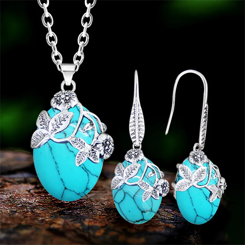 Винтажный Овальный Женский комплект из колье и серёг с тибетским серебряным