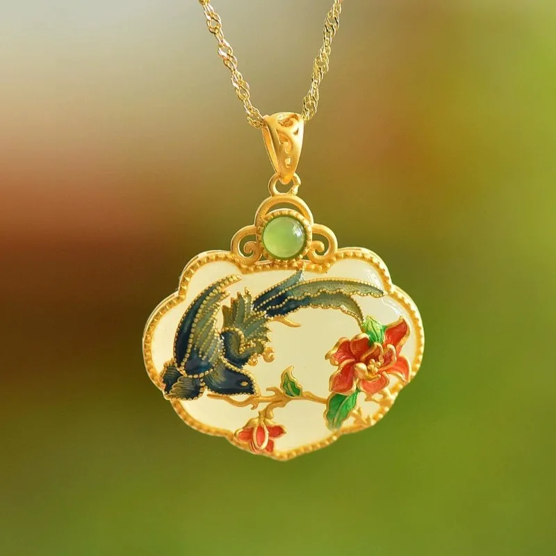 

Natural Hotan White Jade Ruyi Pendant Ant Light Luxury Classical Enamel Magpie Necklace Vintage Exquisite Fine Jewelry