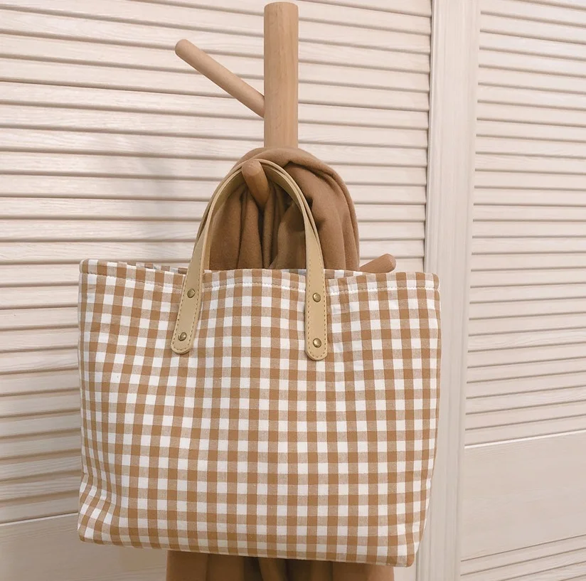 

Cotton Cloth Plaid Handbag Canvas Tote Bag Shopping Bag Leather Handle Thicked Hand Bag Square Handbags Portable Mommy Bags