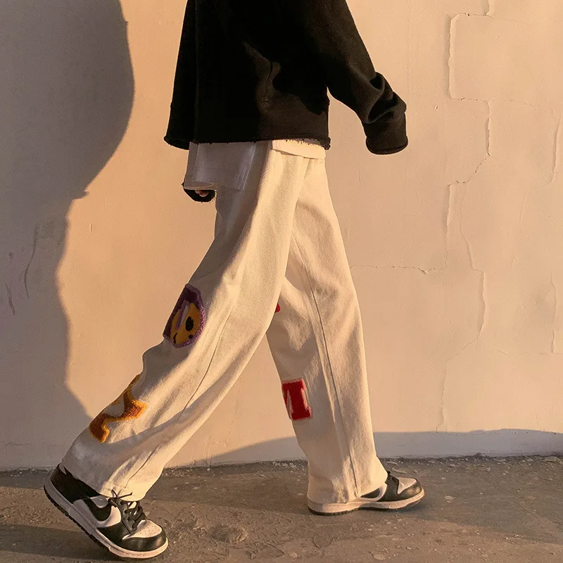 Letter Embroidery Straight Pants Brand Hip-hop Y2k High Street Wide-leg Pants Sportswear Casual Retro Fashion Loose Men Jeans