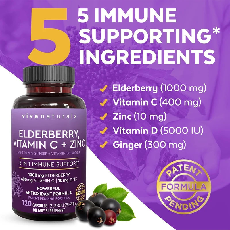 

Elderberry with Vitamin C, Zinc, Vitamin D3 5000 IU & Ginger - Antioxidant & Immune Support Supplement