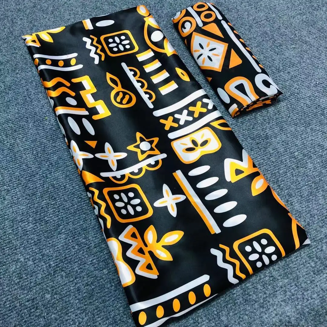 

New Arrival Pure Satin Silk Fabric Soft African Fabric 2+4 Yards Yellow Blue African Silk Fabric Women's Dress ABM52071