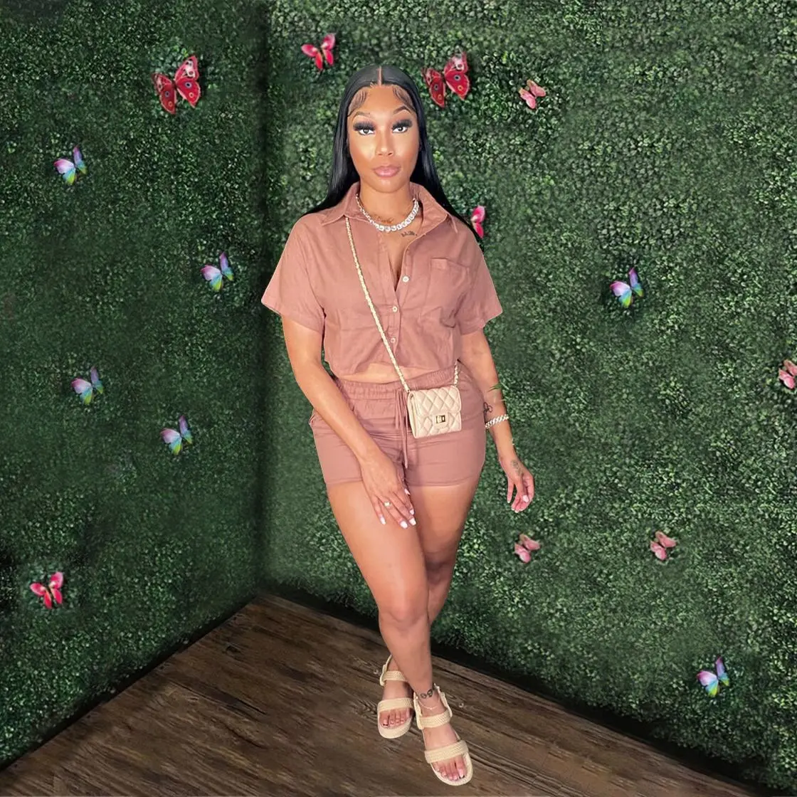 

Aniow Solid Short Sleeve Pocket Short Shirt Crop Top and Elastic Shorts Two Piece Set Tracksuit Women Clothing Summ