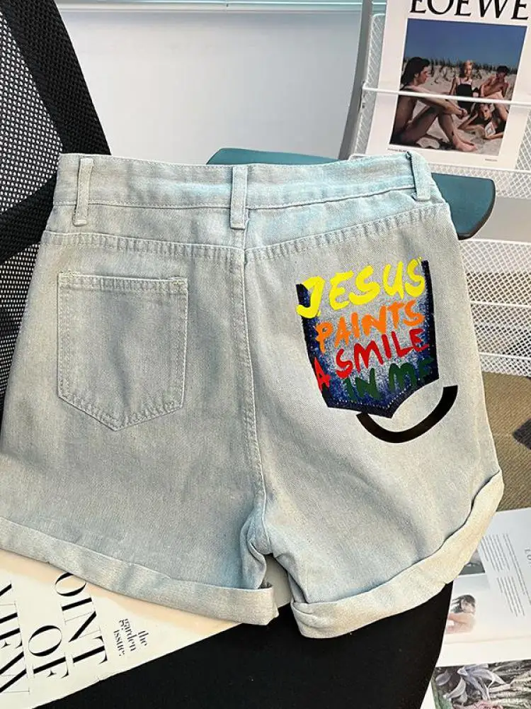 

Retro Printed High Waist Women's Denim Shorts Summer Wide Legs Thin Flange Design Short Jeans Feminino Korean Streetwear Women