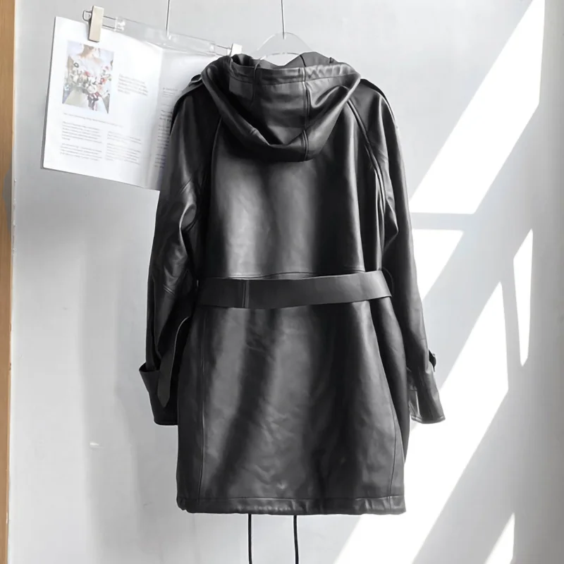Lady Genuine Sheepskin Leather Jacket With Hood Spring Autumn Women Trench Coat Long Fashion Overcoat With Belt TF5295