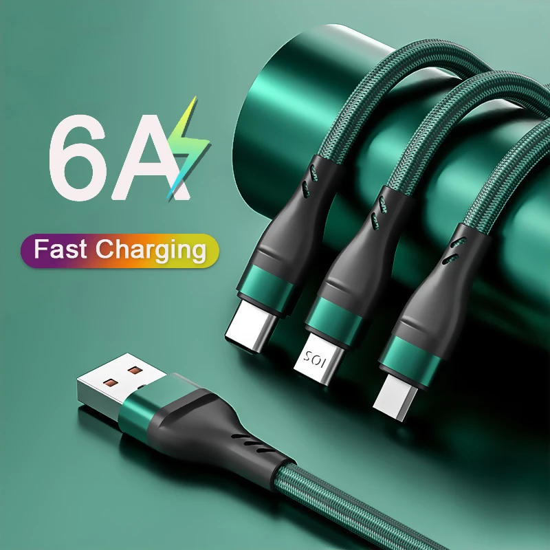 3 In 1 Braided Micro USB Type C Cable 100W Smart Phone Charger Cord For iPhone 13 Pro Xiaomi Huawei 6A Fast Charging Data Line 1
