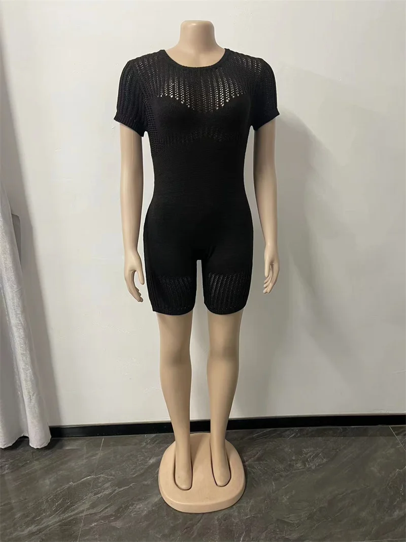 Knitted Jumpsuits for Women Sexy Zipper O Neck Short Sleeve Workout Slim Playsuits Highly Stretchy Casual Yoga One Piece Romper