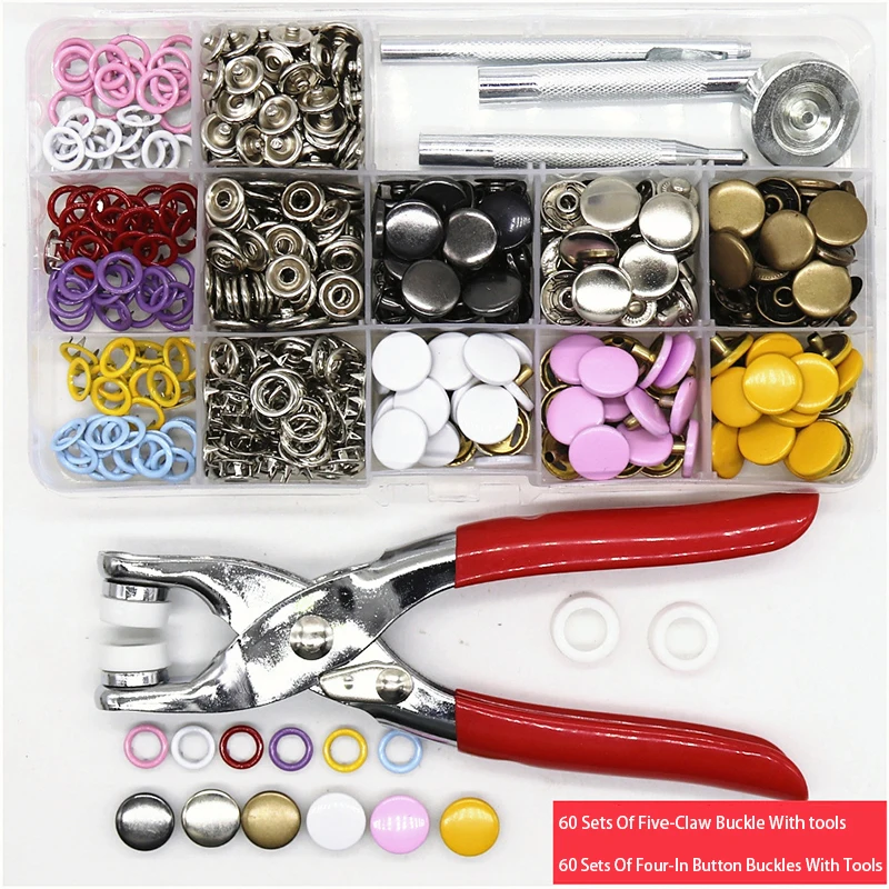 

Top Selling 120 Sets 633 12.5m Colorful Five-claw Buckle + Installation Pliers Children's Clothing Buckle DIY Buttons