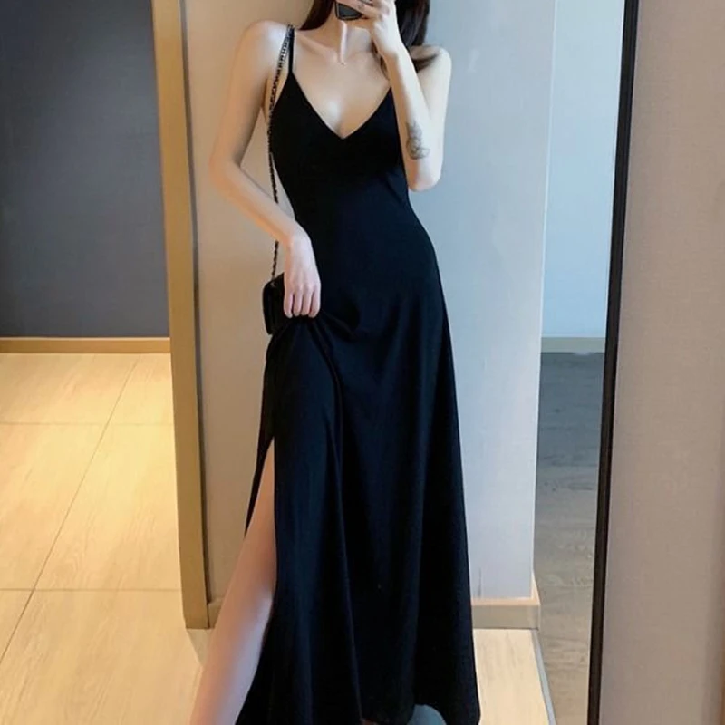 

Платье женское длинное с высоким разрезом, пикантная юбка на бретелях, с глубоким вырезом, в стиле Хепберн, французская ретро