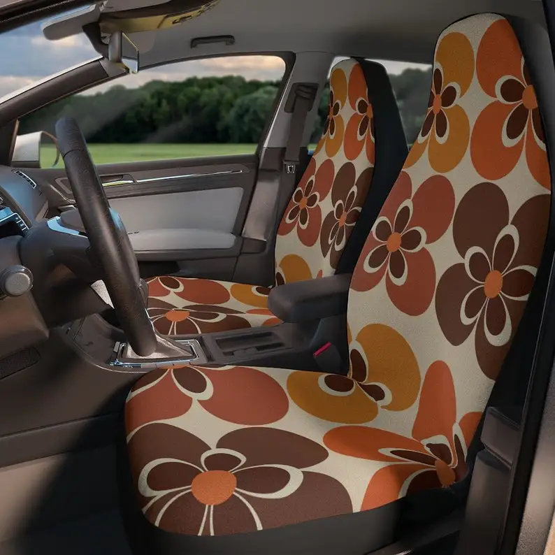 

60's 70's Retro Boho, Mid Mod Daisy, Groovy, Flower Power, Hippie, Hipster, Beige, Orange, Brown, Mid Century Modern Car Seat Co