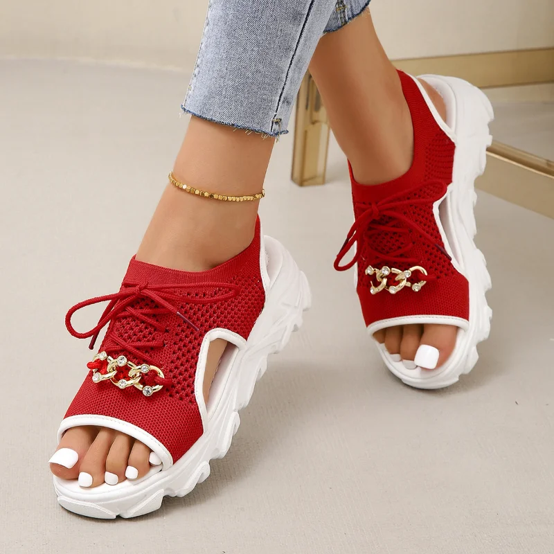 

2023 Summer New Women Fashion Mesh Casual Platform Shoes Ladies Sexy Thick-Soled Lace-Up Open Toe Beach Sandals Zapatos De Mujer