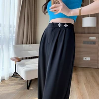 spring summer embroidery black womens wide leg pants loose high waist casual trousers woman solid office straight pants 2022