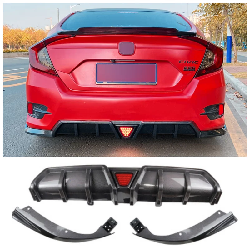 

High Quality ABS Bright black & ABS Carbon Bumper Rear Trunk Diffuser Bumper Lip Splitters For Honda Civic 2016-2021（With light）