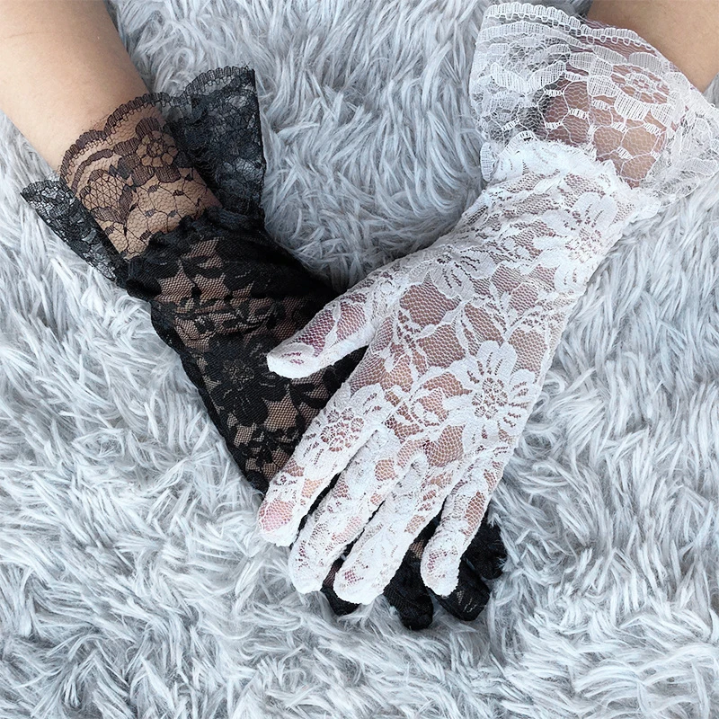 

Hollow-Out Sexy Lace Short Tulle Gloves Lotus Leaf Sheers Thin Sunscreen Gloves Stretchy Full Finger Mittens Sun Protection