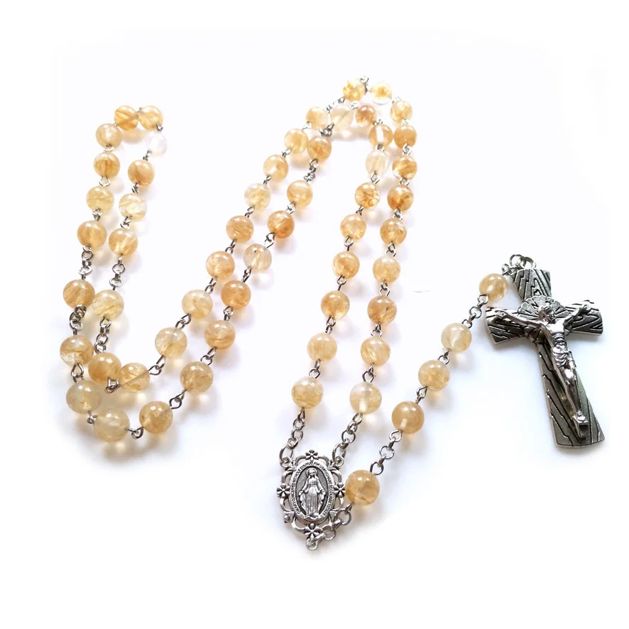 

QIGO Stone Rosary Vintage Jesus Cross Pendant Catholic Virgin Long Women Men Necklace Religious Jewelry