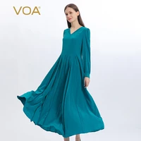 voa simple v neck shirt long sleeves blue silk woman dress office ladies %d0%bf%d0%bb%d0%b0%d1%82%d1%8c%d0%b5 %d0%b6%d0%b5%d0%bd%d1%81%d0%ba%d0%be%d0%b5 pleated dresses spring new 2022 ae1235