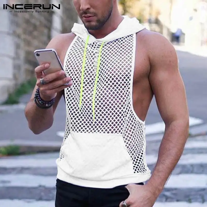 

Men Tank Tops Mesh Patchwork 2022 See Through Hooded Vacation Sleeveless Pockets Vests Breathable Streetwear Tops S-5XL INCERUN
