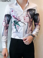 incerun tops 2022 handsome well fitting mens cartoon printing long sleeve shirts casual hot sale male lapel collar blouse s 3xl