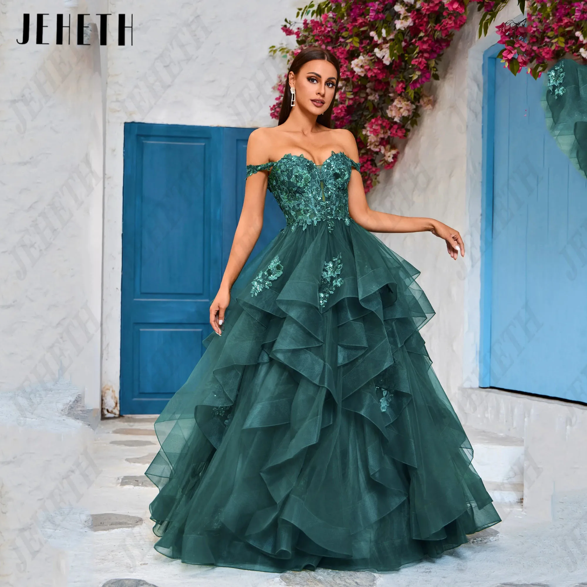 Женское платье с открытыми плечами JEHETH ТРАПЕЦИЕВИДНОЕ ПЛАТЬЕ из фатина в