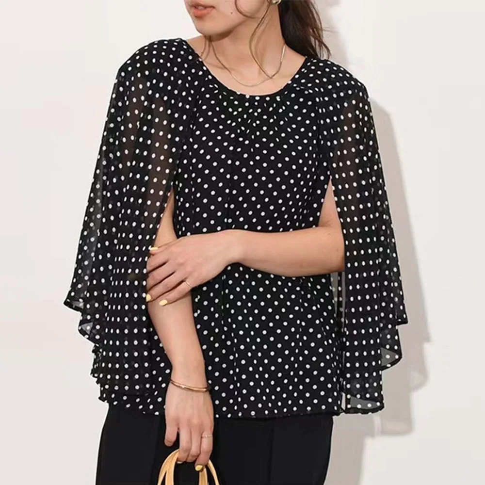 

Women's Polka Dot Shirt Spring/Summer New Cloak Versatile Loose Fashion Chiffon Poncho Elegant Sunscreen Clothing Chiffon Tops