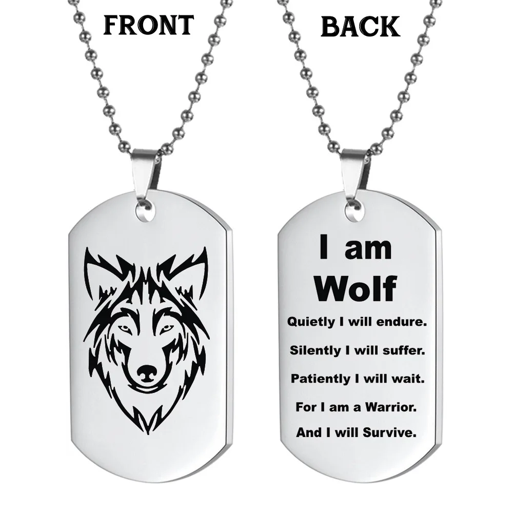 

Fashion Domineering Men Stainless Steel Army Tag Choker Double-sided Wolf Lettering Pendant Silver Plated Dog Tag Necklace