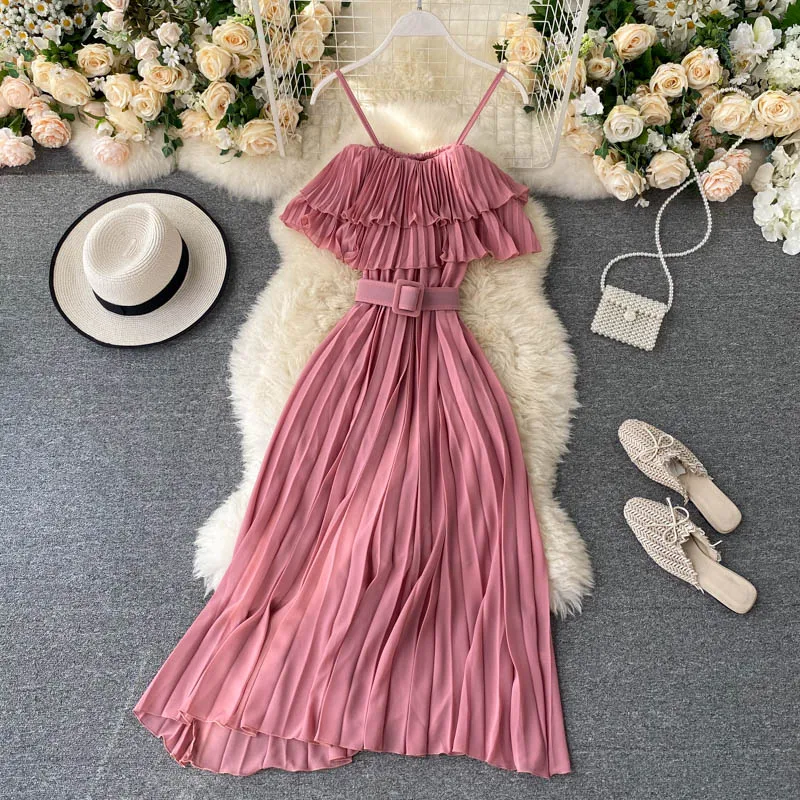 

2022 Female Dresses 2022 New Summer Sweet Pleats Ruffles Strapless Camisole Sashes Slim Wasit Fresh Women Dress 82078
