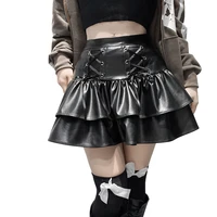 lolita gothic faux pu leather mini skirt women harajuku kawaii pleated high waist fashion punk sexy black ruffle short skirts