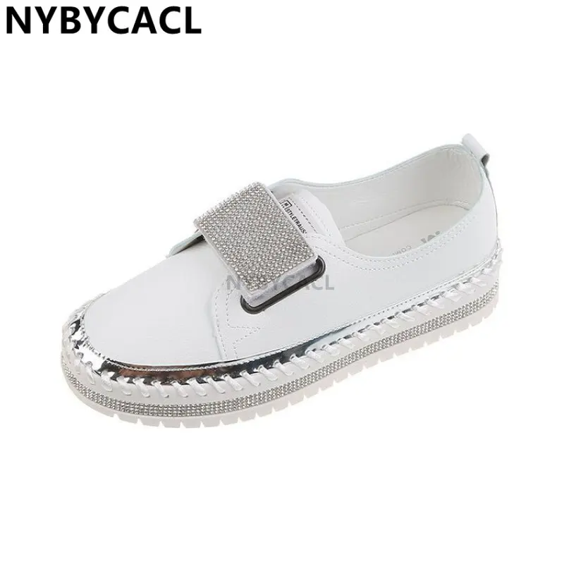 Crystals Hook & Loop Women Flats Bling Diamonds Women Sewing Ladies Casual Shoes Round Toe Platform Shoes Big Size 43 Fashion