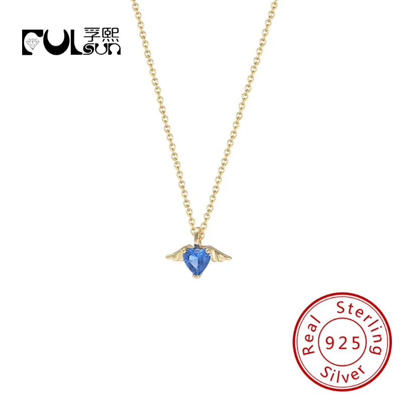 

Sterling Silver 925 Small Wing Love Heart Necklace Shape Aquamarine Blue Zircon Link Chain Charm Angel Wing Pendant Necklace