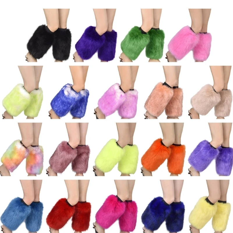

L5YD Womens Vibrant Faux Fur Vintage Leg Warmers Neon Solid Color Furry Plush Boot Covers Cuffs Rave Party Calf Length Socks