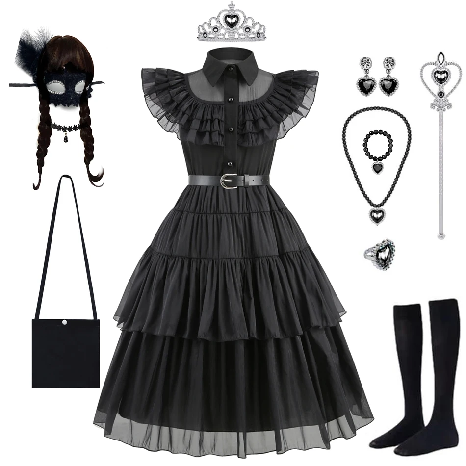 

Wednesday Addams Costumes Girls Birthday Princess Costume Black Fancy Kids Halloween Carnival Dancing Party Suit for Girls
