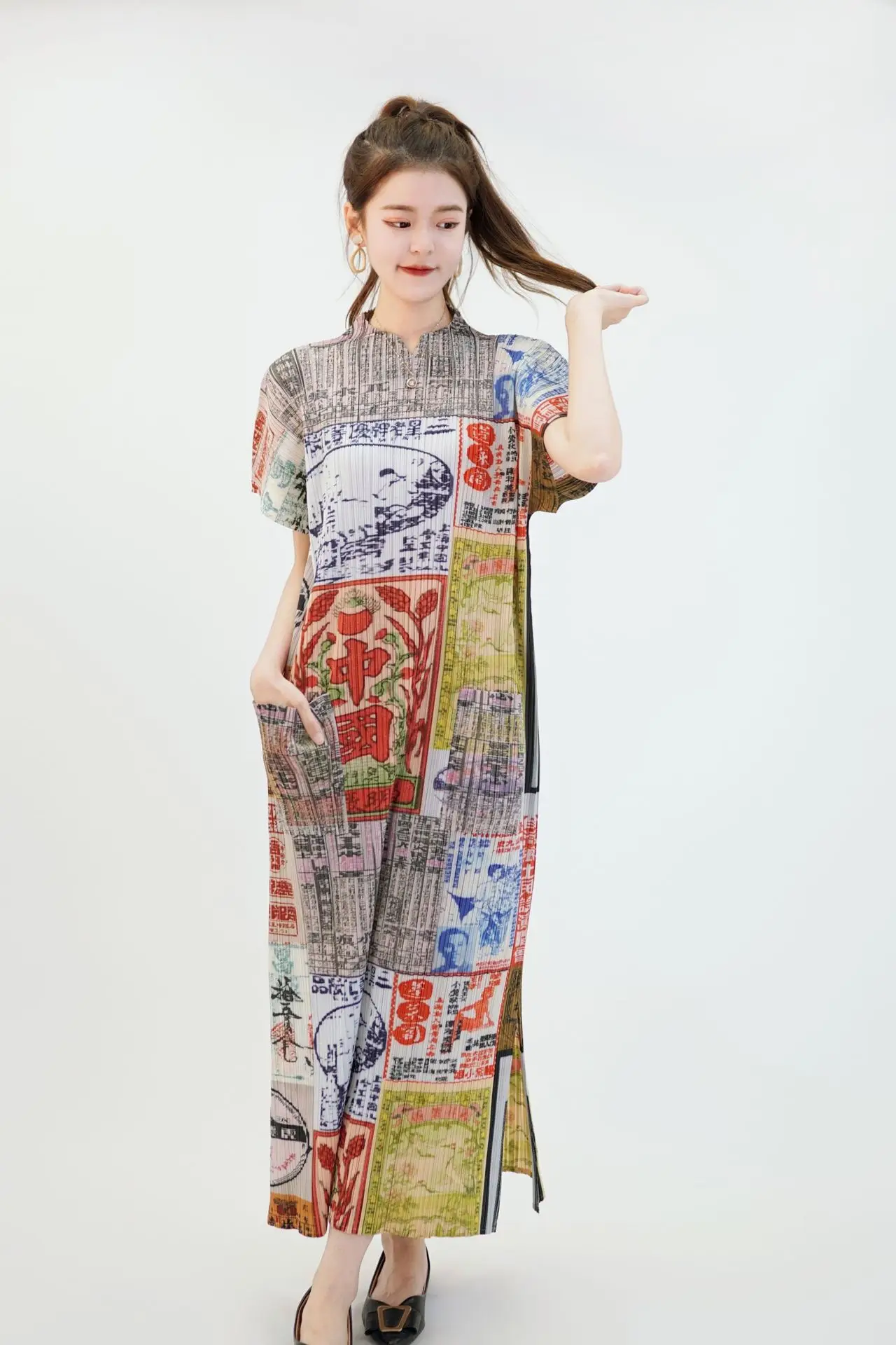 

Miyake pleated dress ladies fashion casual loose new digital printing round neck