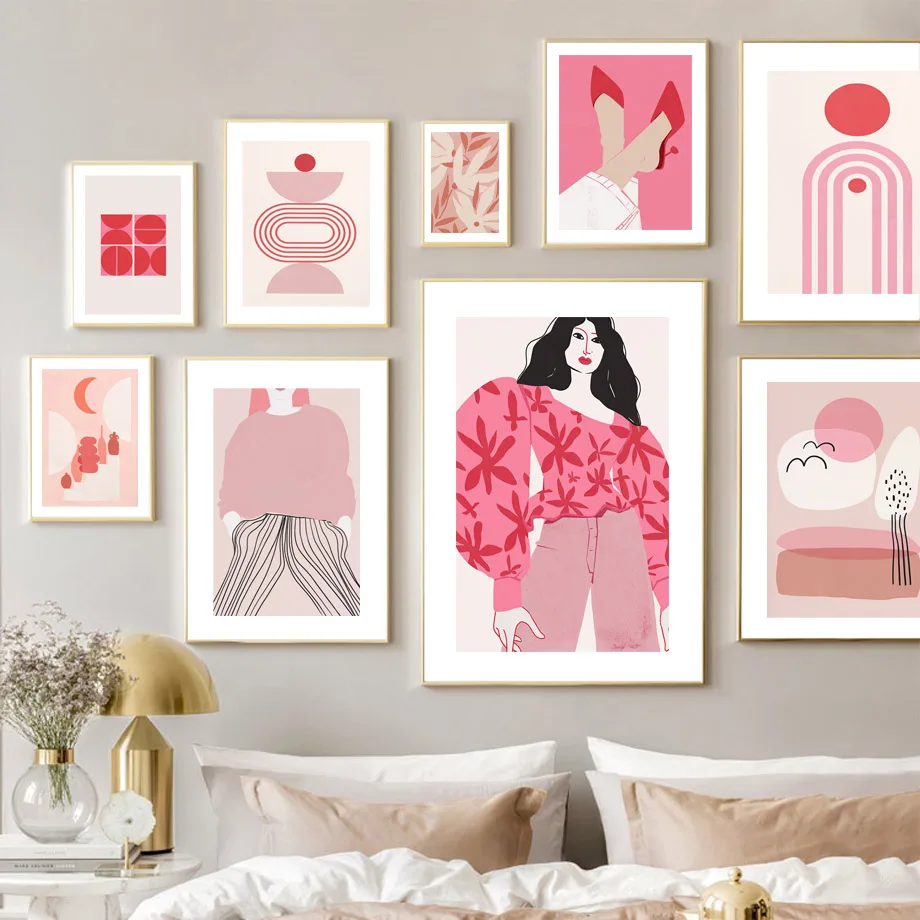 Абстрактная кривая Девочка Розовая Геометрическая иллюстрация плакаты и принты