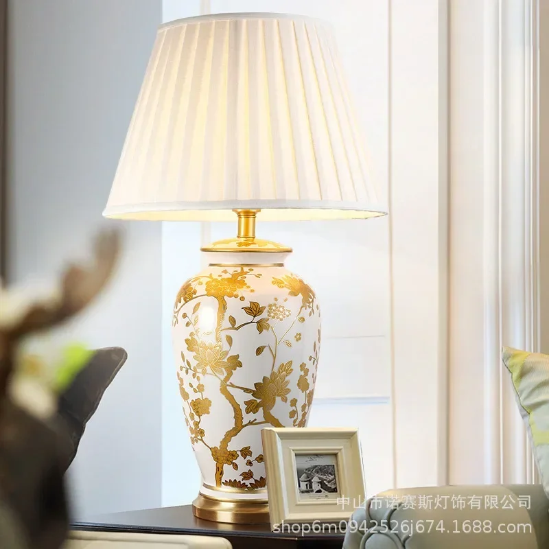 

Медная настольная лампа в американском стиле для гостиной Цзиндэчжэнь керамическая Роскошная светодиодная прикроватная лампа для спальни