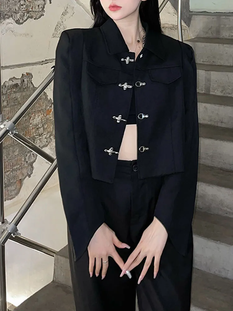 

SONNEESD England Style Streetwear Harajuku Coat Vintage Personality Buckle Design Full Sleeve Diablo Style Black Short Coat