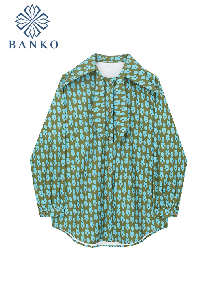 

2022 Spring Autumn Blouse Women Vintage Flower Printing Long Sleeve Tops Fashion All-Match Loose Polo Neck Button Shirts Ladies