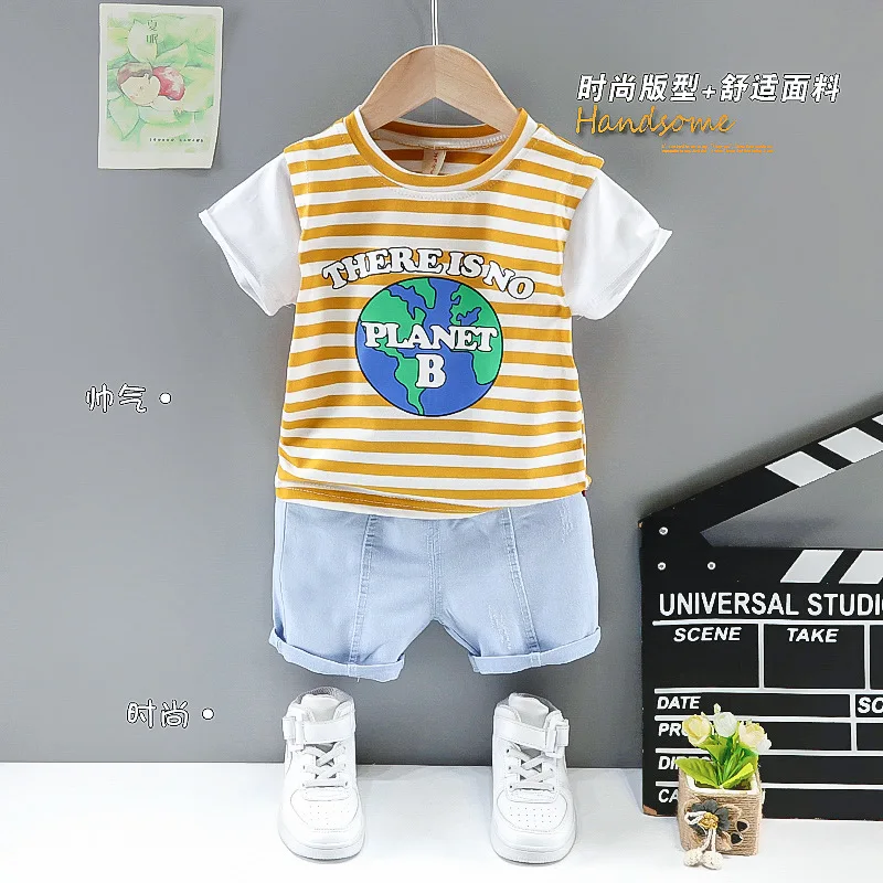 

Fashion New Summer Kids Clothing Sets Baby Boys Girls Stripe Stitching T-shirt+ Denim Shorts 2PCS Infant Outfits Toddler Clothes