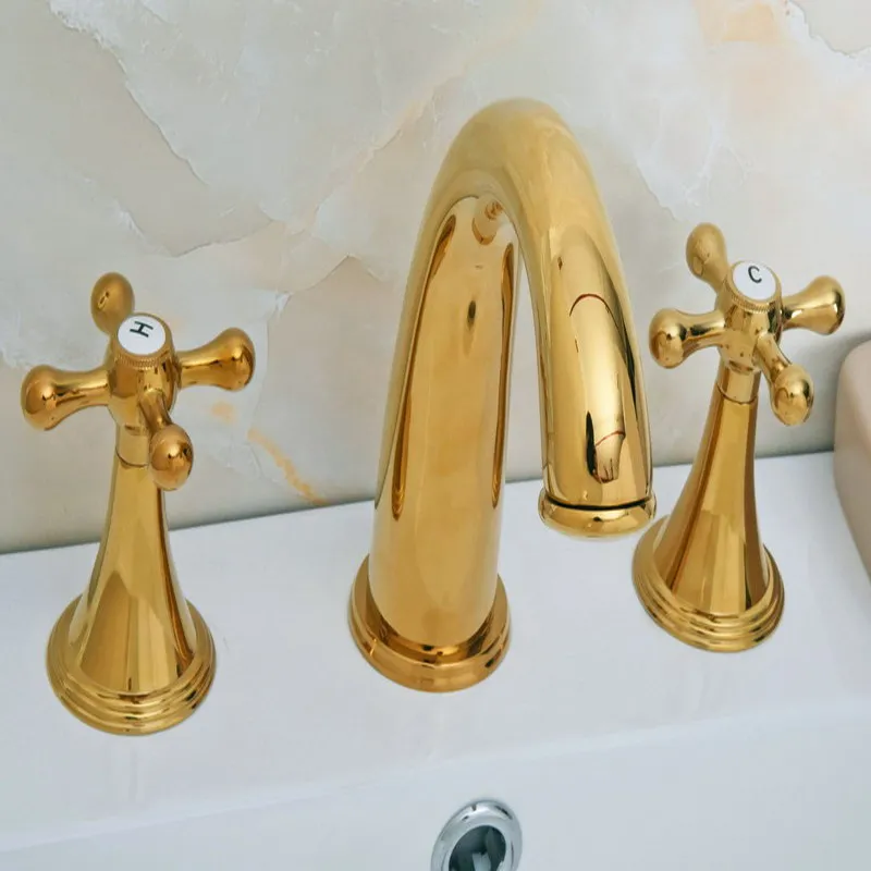 

Luxury Gold Color Brass Deck Mounted Dual Handles Widespread Bathroom 3 Holes Basin Faucet Mixer Water Taps mgf021