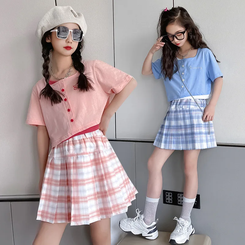 

Girls Summer Fashion Clothing Set Teenage Short-Sleeve T Shirts+Plaid Skirt Children Kids Outfits School Girls Costume 3-14 Y