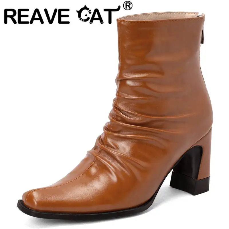 

REAVE CAT Ladies Short Booties Square Toe Block Heels 8cm Zipper Pleated Big Size 43 44 45 Solid Concise Daily Shoes For Woman