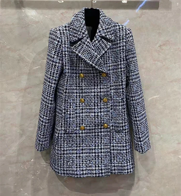 

European and American women's wear spring 2022 new Long-sleeved double-breasted tweed jacket with suit collar