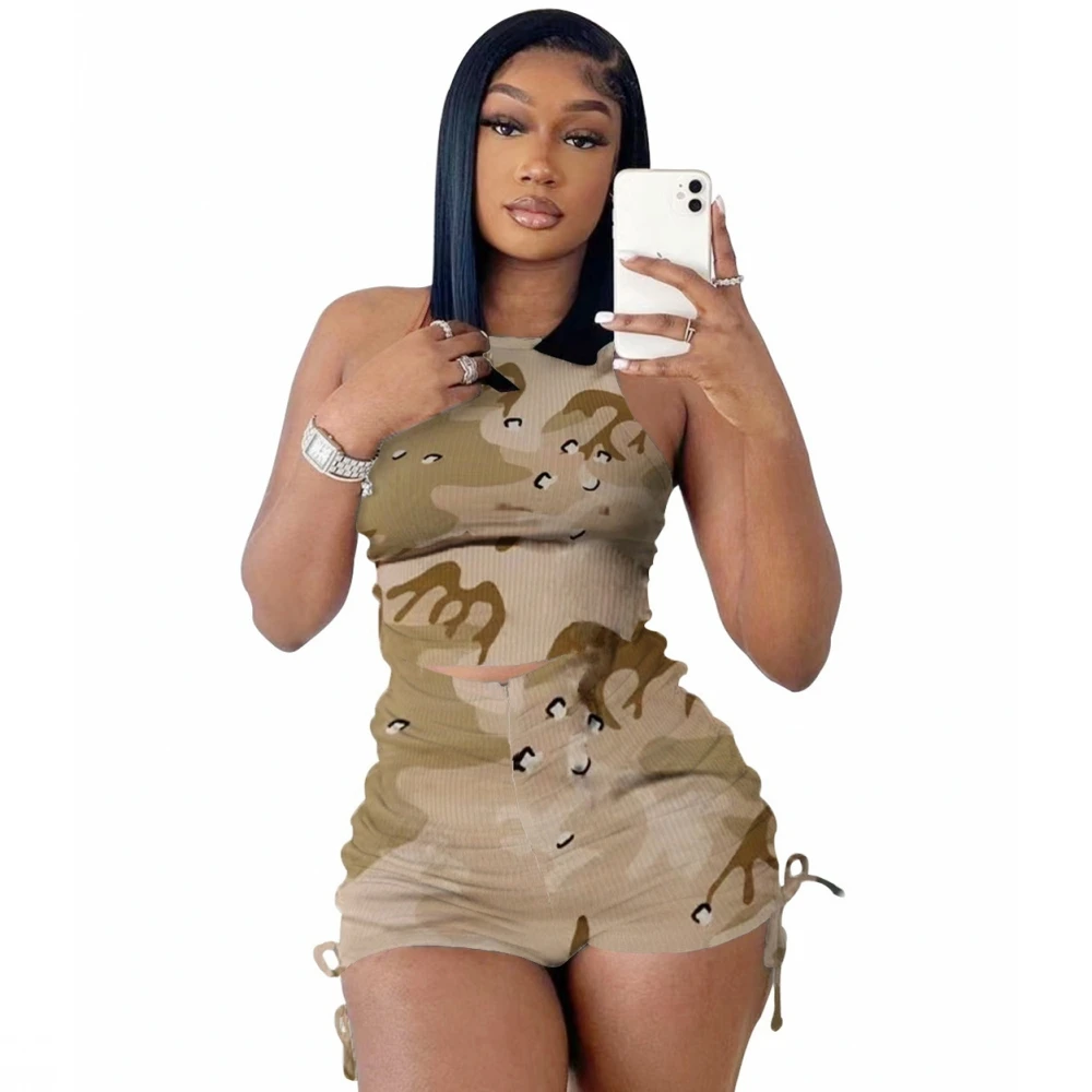 

Women's Set Street Seersucker Sleeveless T-shirt And Shorts Summer Fashion Camouflage Sweatsuit Two 2 Piece Set Outfit Tracksuit