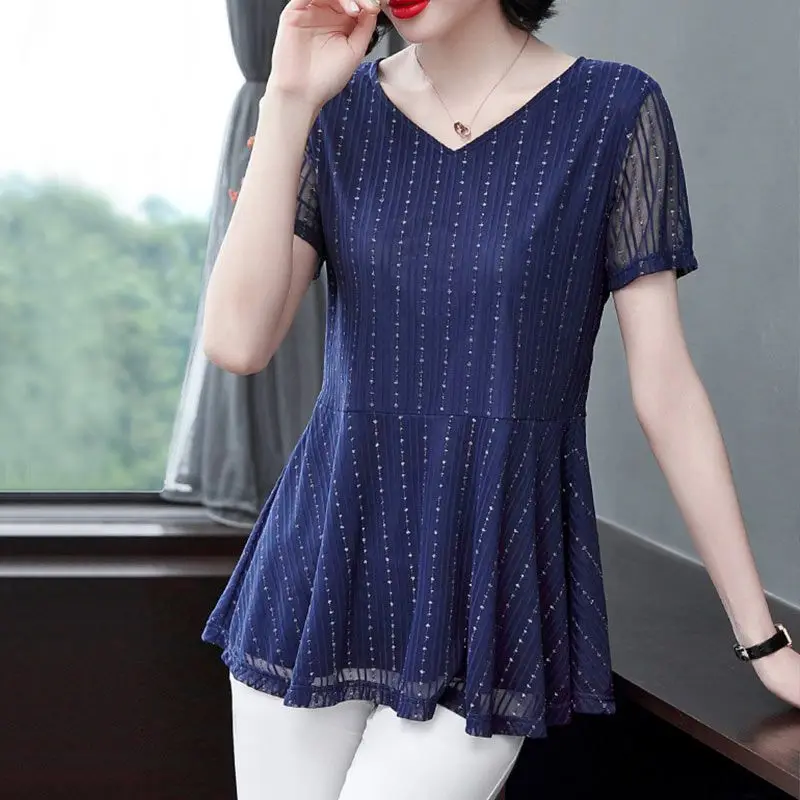 

Women's Clothing Commute Solid Color Shirt Summer Short Sleeve Elegant V-Neck Spliced Casual Stylish Bright Silk Gauze Blouse