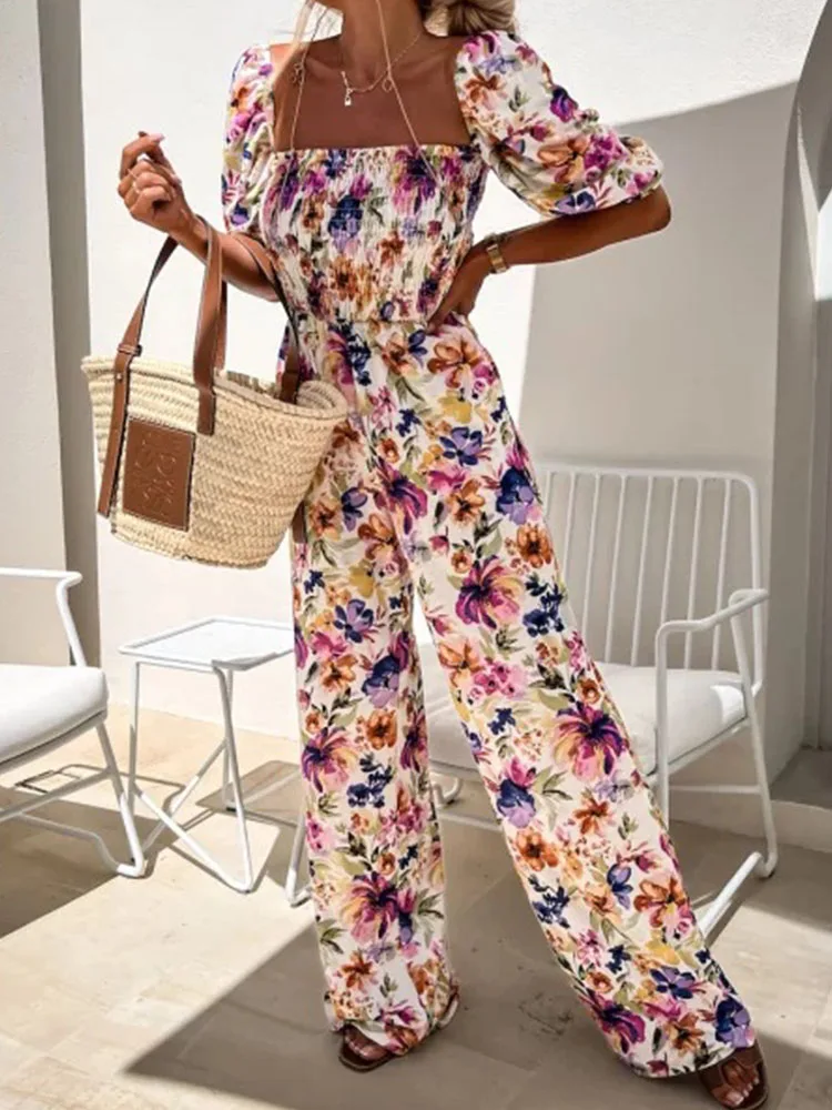 

Boho Vintage Print Straight Street Jumpsuit Elegant Summer Puff Sleeve Pocket Women Rompers Square Neck Pleated Casual Playsuits