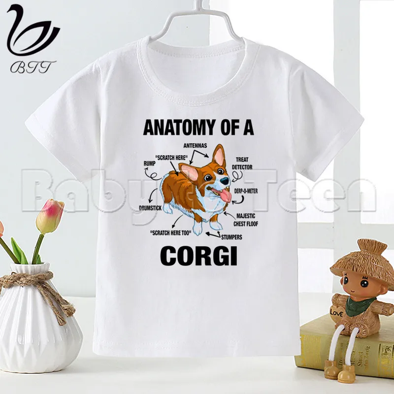 Corgi Cartoon Fashion Funny Print T-shirt Kids Summer O-Neck Tops Boys & Girls White Tshirt,Drop Ship