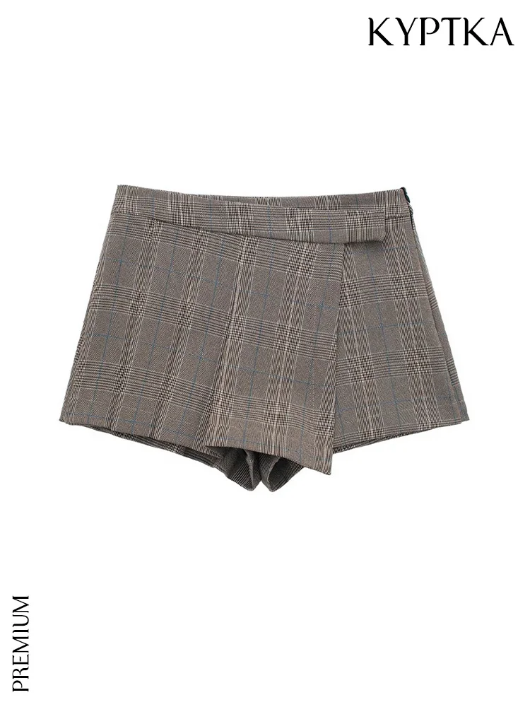 

KYPTKA Women Fashion Front With Strap Plaid Shorts Skirts Vintage High Waist Side Zipper Female Skort Mujer